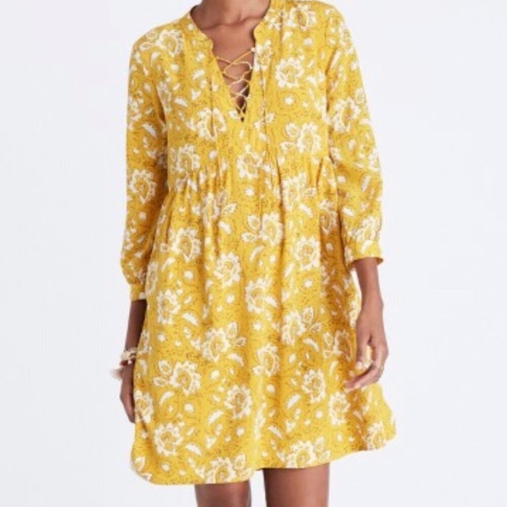 Madewell Yellow Floral Lace-Up Midi Dress
